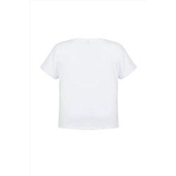 Beyaz Brode Detaylı Basic %100 Pamuk Örme T-shirt TBBSS24BF00055