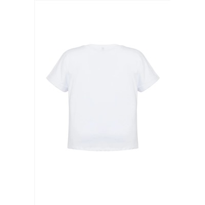 Beyaz Brode Detaylı Basic %100 Pamuk Örme T-shirt TBBSS24BF00055