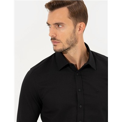 Siyah Slim Fit Armürlü Gömlek