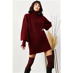 Olalook Kadın Bordo Balıkçı Yaka Balon Kol Salaş Triko Elbise ELB-19000867