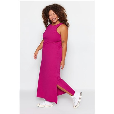 Trendyol Curve Fuşya Shift Örme Penye Bisiklet Yaka Yırtmaçlı Elbise TBBSS22AH0162