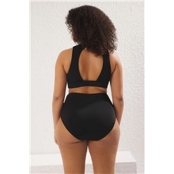 Siyah Belde Büzgü Detaylı Yüksek Bel Büyük Beden Bikini Altı TBBSS25CR00005