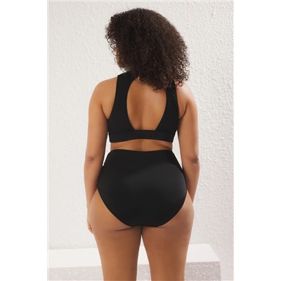 Siyah Belde Büzgü Detaylı Yüksek Bel Büyük Beden Bikini Altı TBBSS25CR00005