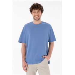 Erkek Oversize Fit Bisiklet Yaka Koyu Mavi Tişört