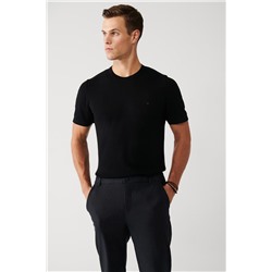 Siyah Bisiklet Yaka Pamuklu Regular Fit Standart Kesim İnce Triko T-Shirt