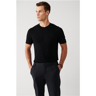 Siyah Bisiklet Yaka Pamuklu Regular Fit Standart Kesim İnce Triko T-Shirt