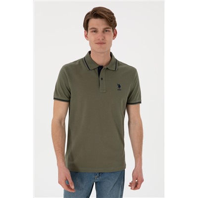Erkek Slim Fit Polo Yaka Koyu Haki Basic Tişört