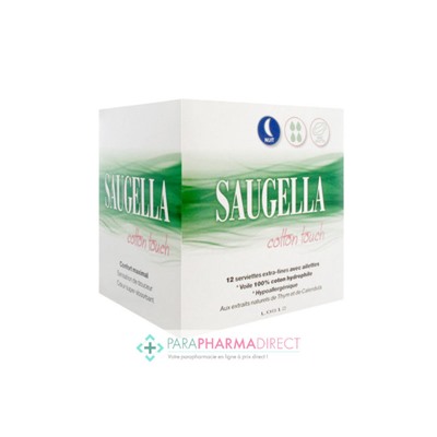 Saugella Cotton Touch Serviettes Extra-Fines avec Ailettes Nuit x12
