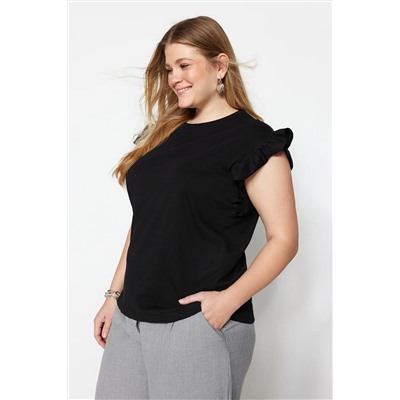 Siyah Bisiklet Yaka Kolları Fırfırlı %100 Pamuk Örme T-Shirt TBBSS23BF00006