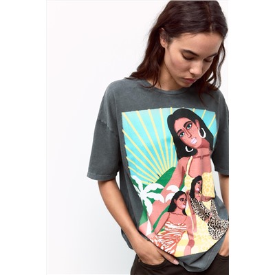 FADED-EFFECT T-SHIRT WITH PRINT