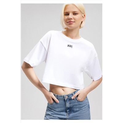 MaviLogo Baskılı Beyaz Crop Tişört Crop / Kısa Kesim 1611585-620