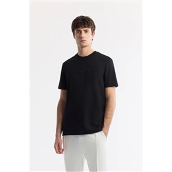 Avva, Erkek Siyah Bisiklet Yaka Enjeksiyon Baskılı İnterlok T-Shirt A51Y1001