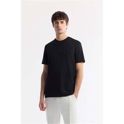 Avva, Erkek Siyah Bisiklet Yaka Enjeksiyon Baskılı İnterlok T-Shirt A51Y1001