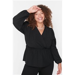 Trendyol Curve Siyah Kruvaze Yaka Büzgülü Dokuma Bluz TBBAW23AF00099