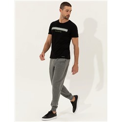 Siyah Slim Fit Baskılı Bisiklet Yaka Tişört