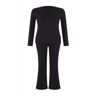 Siyah Melanj Fitted/Vücuda Oturan Fitilli Esnek Örme Alt-Üst Takım TBBAW26CP00010