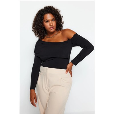 Trendyol Curve Siyah Asimetrik Yaka Örme Büyük Beden Bluz TBBAW24AF00032