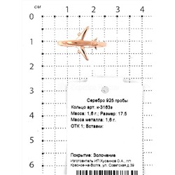 Кольцо из золочёного серебра - Самолёт 925 пробы к-3163з