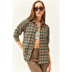Olalook Kadın Camel Yeşil Ekose Oduncu Gömlek GML-19001153