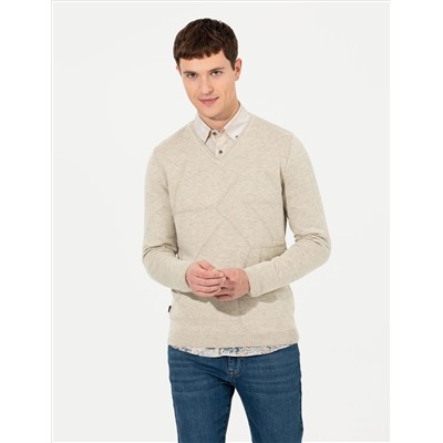 Kum Melanj Slim Fit V Yaka Triko Kazak