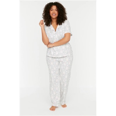 Gri Baskılı Örme Düğmeli Pijama Takımı TBBSS22PT0710