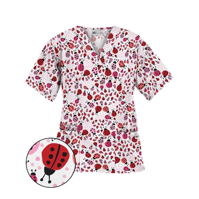 UA Lady Bug Oasis White V-Neck Print Scrub Top
