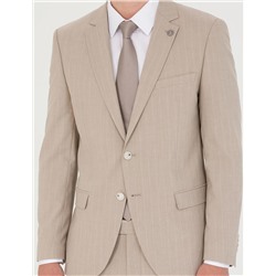 Bej Ekstra Slim Fit Çizgili Takım Elbise