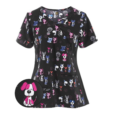 WonderWink Scrubs Four-Stretch Wuff Waggin' Black Print Top