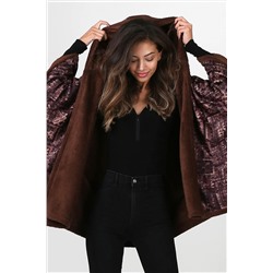 HAMUR Kapşonlu Oversize Düğmeli Içi Kahverengi Peluş Kadife Mont Wein Kk-801 E78DG01518HM