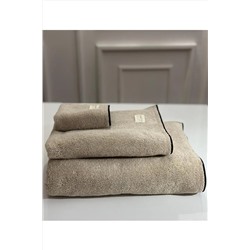 Stella Belli | %100 Pamuk | 3lü | Banyo | Havlu Set | Otel | Plaj | Bej Renk | Soura | Kenar Siyah Stbh001