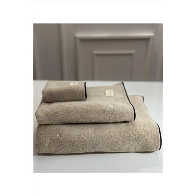 Stella Belli | %100 Pamuk | 3lü | Banyo | Havlu Set | Otel | Plaj | Bej Renk | Soura | Kenar Siyah Stbh001