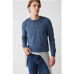 Avva Erkek Indigo Bisiklet Yaka Tüylenmeyen Standart Fit Normal Kesim Triko Kazak E005000