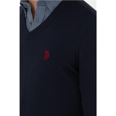 Erkek Slim Fit V Yaka Lacivert Basic Kazak