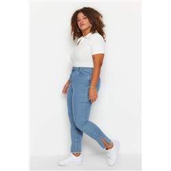 Trendyol Curve Mavi Paçası Yırtmaç ve Püskül Detaylı Esnek Skinny Denim Jeans TBBSS23CJ00020