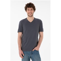 Erkek Regular Fit  V Yaka Antrasit Basic Tişört