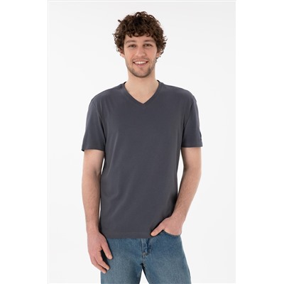 Erkek Regular Fit  V Yaka Antrasit Basic Tişört