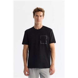 Avva, Erkek Siyah Bisiklet Yaka Baskılı Elastan T-shirt A42y1020