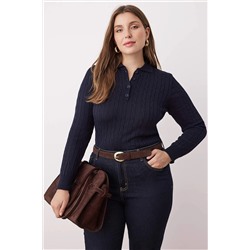 Lacivert Polo Yaka Saç Örgülü İnce Triko Bluz TBBAW26AF00005