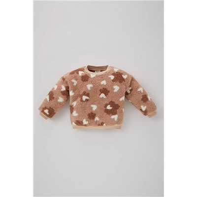 Defacto Kız Bebek Bisiklet Yaka Kalp Desenli Welsoft Pelüş Sweatshirt B3347A523WN