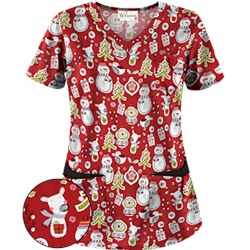 UA Holiday Cheer Red Print Scrub Top
