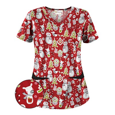 UA Holiday Cheer Red Print Scrub Top
