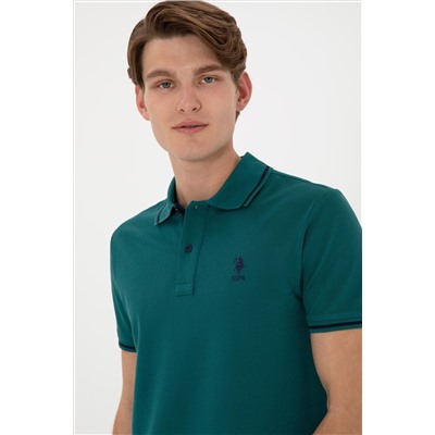 Erkek Slim Fit Polo Yaka Koyu Yeşil Basic Tişört