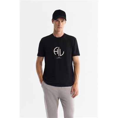 Siyah Bisiklet Yaka Elastan İnterlok T-Shirt