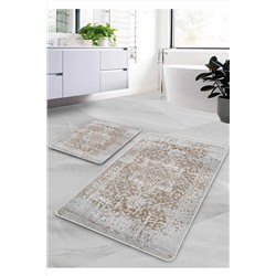 Pilloveland Kaymaz Taban Yıkanabilir 2’li Banyo Paspası - Bej Farmhouse Desenli 60*100 Cm - 50*60 Cm BM0197