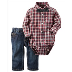 3-Piece Button-Front Bodysuit & Denim Set