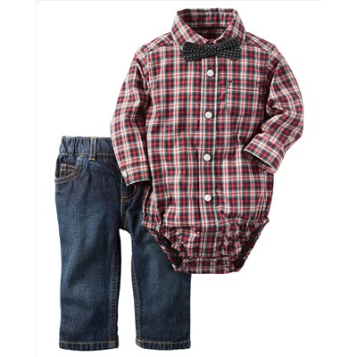 3-Piece Button-Front Bodysuit & Denim Set