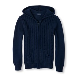 Girls Uniform Long Sleeve Hooded Full-Zip Cable-Knit Cardigan