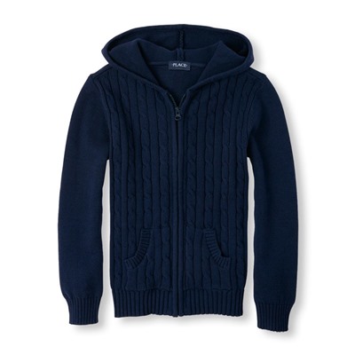 Girls Uniform Long Sleeve Hooded Full-Zip Cable-Knit Cardigan