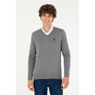 Erkek Slim Fit V Yaka Gri Melanj Basic Kazak