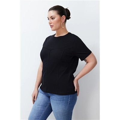 Siyah Biye Detaylı %100 Pamuk Örme T-shirt TBBSS24BF00021